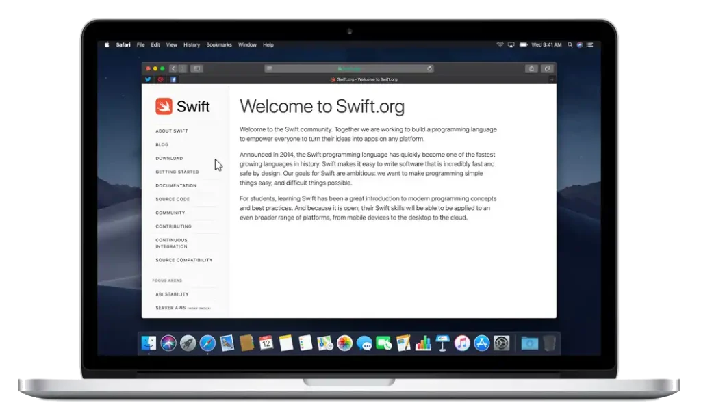 Laptop displaying the Swift programming language website for Apple app development