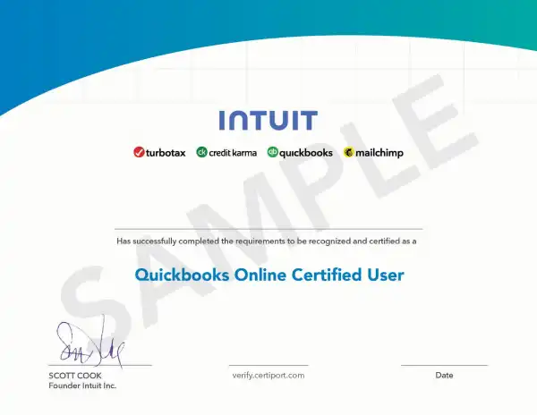 Intuit QuickBooks Online Certified User certificate issued through Certiport.