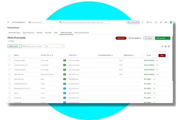 QuickBooks Online dashboard displaying the chart of accounts and financial account listings.