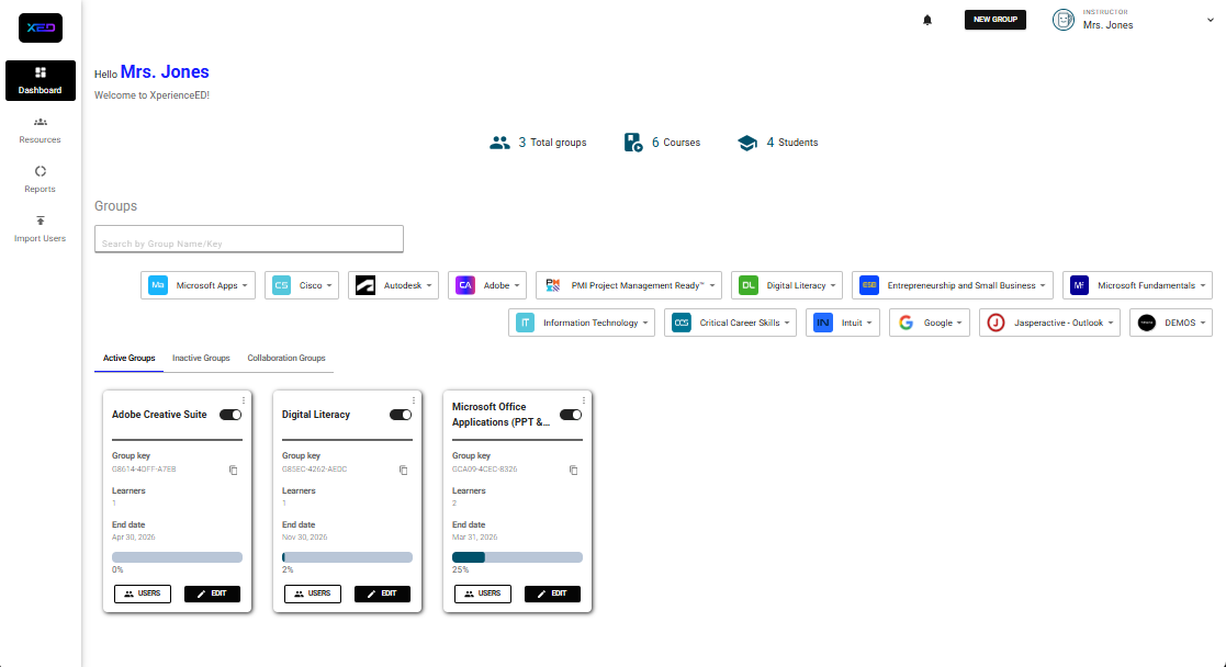 XperienceED instructor dashboard displaying groups, courses, and student progress overview.
