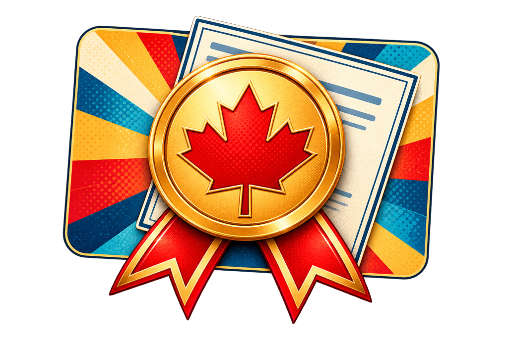 Gold Canadian maple leaf medal with red ribbons, certificate and retro starburst background.